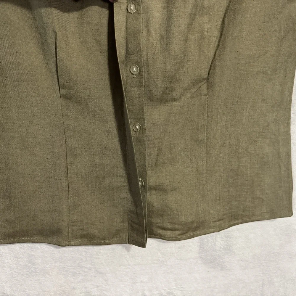 Linen Blend Button Down Sleeveless Olive Shirt - Picture 4 of 10